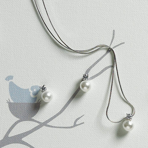 Silver Necklace And Earring Set - Round Pearl And Crystal Pendant