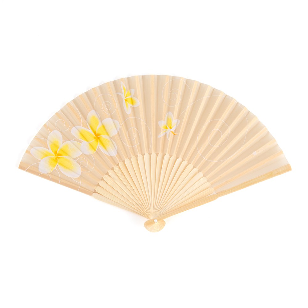 Folding Bamboo Hand Fan with Printed Silk Fabric - Tropical Plumeria - Set of 6