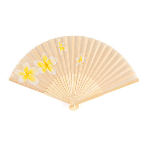 Folding Bamboo Hand Fan with Printed Silk Fabric - Tropical Plumeria - Set of 6