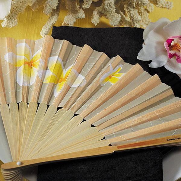 Folding Bamboo Hand Fan with Printed Silk Fabric - Tropical Plumeria - Set of 6