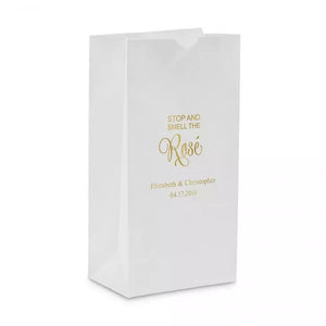 Personalized Foil Printed Upright Paper Goodie Favor Bag - Stop and Smell the Rosé Script