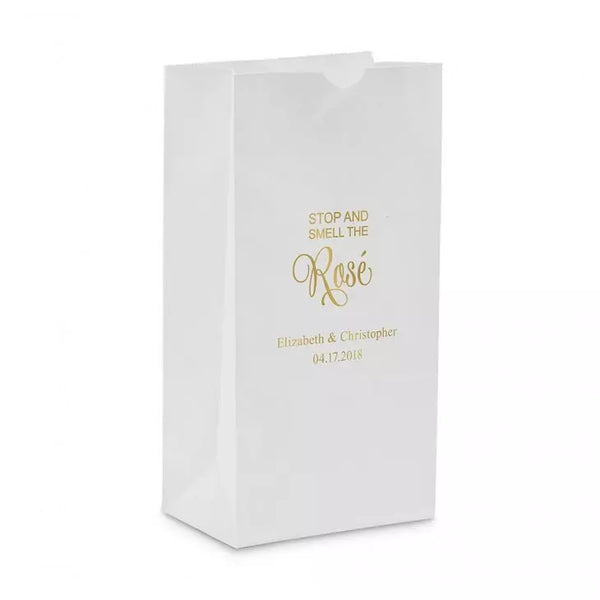 Personalized Foil Printed Upright Paper Goodie Favor Bag - Stop and Smell the Rosé Script