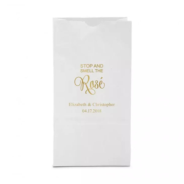 Personalized Foil Printed Upright Paper Goodie Favor Bag - Stop and Smell the Rosé Script