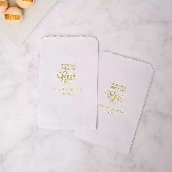 Personalized Foil Printed Flat Paper Goodie Favor Bag - Stop and Smell the Rosé Script