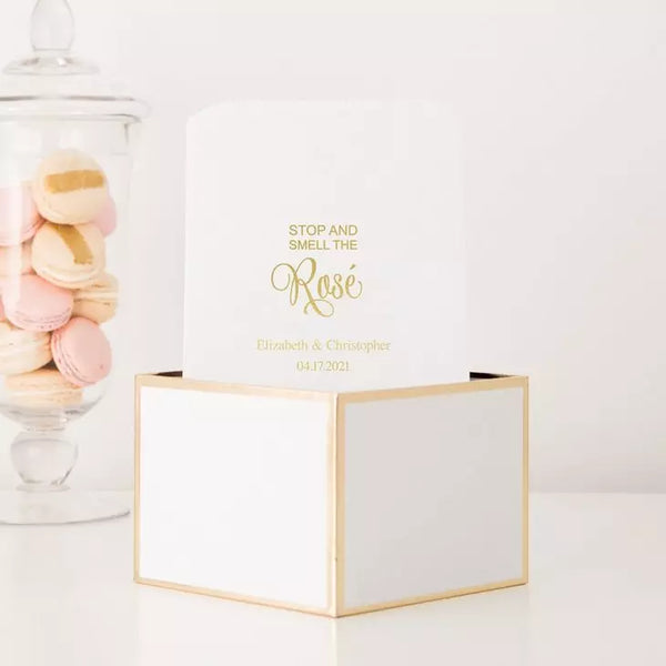 Personalized Foil Printed Flat Paper Goodie Favor Bag - Stop and Smell the Rosé Script