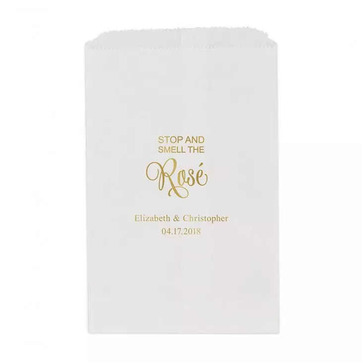 Personalized Foil Printed Flat Paper Goodie Favor Bag - Stop and Smell the Rosé Script