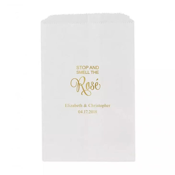 Personalized Foil Printed Flat Paper Goodie Favor Bag - Stop and Smell the Rosé Script