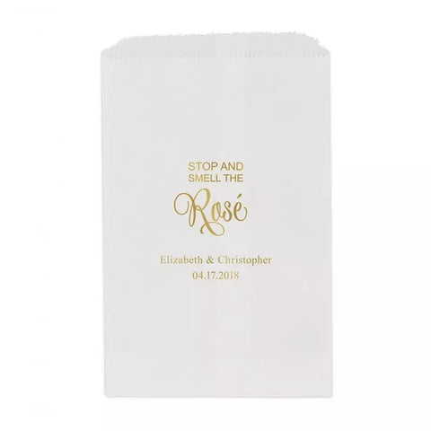 Personalized Foil Printed Flat Paper Goodie Favor Bag - Stop and Smell the Rosé Script