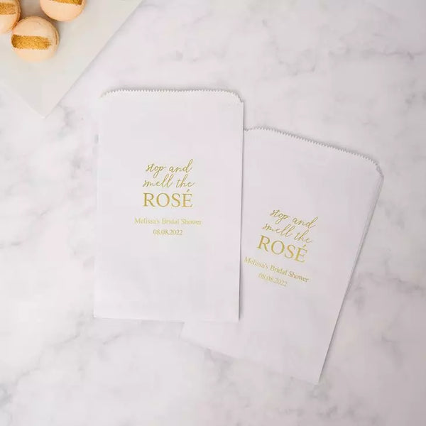 Personalized Foil Printed Upright Paper Goodie Favor Bag - Stop and Smell the Rosé Serif