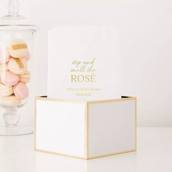 Personalized Foil Printed Upright Paper Goodie Favor Bag - Stop and Smell the Rosé Serif