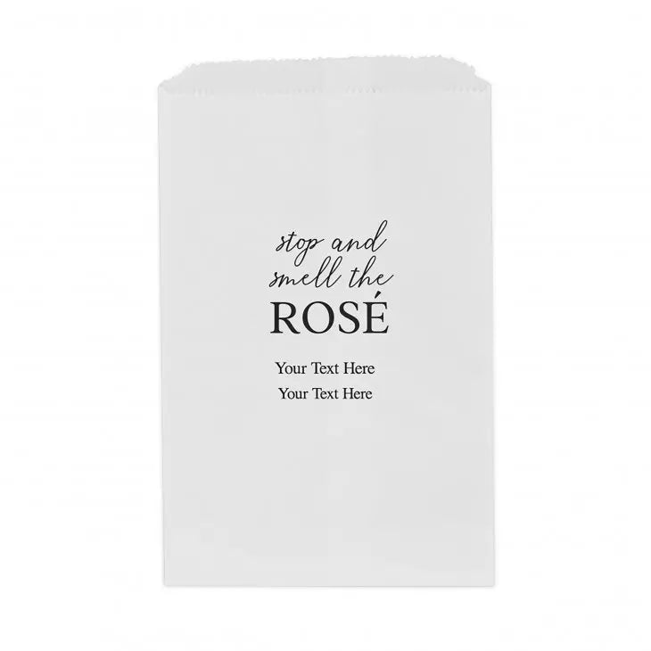 Personalized Foil Printed Upright Paper Goodie Favor Bag - Stop and Smell the Rosé Serif