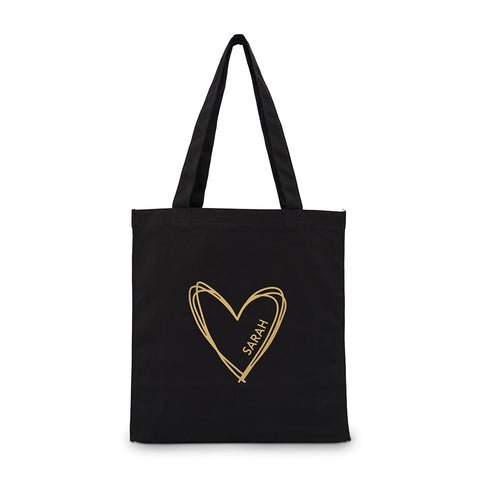 Custom Printed Black Cotton Canvas Fabric Tote Bag - Heart