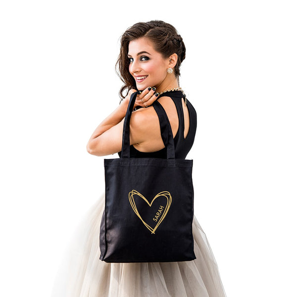 Custom Printed Black Cotton Canvas Fabric Tote Bag - Heart