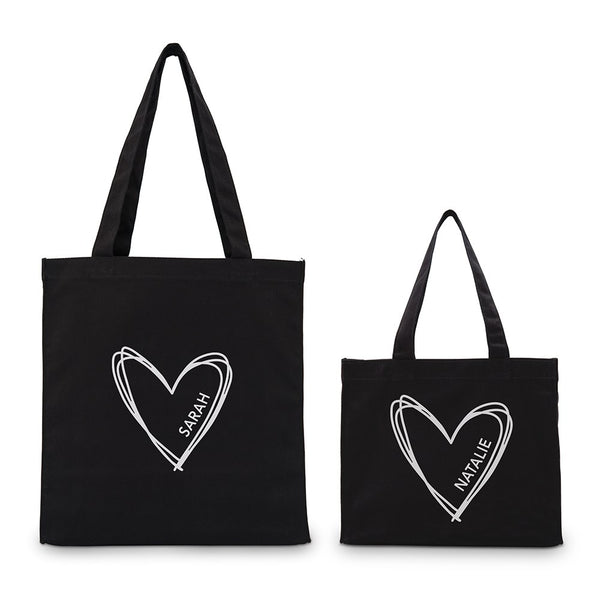 Custom Printed Black Cotton Canvas Fabric Tote Bag - Heart