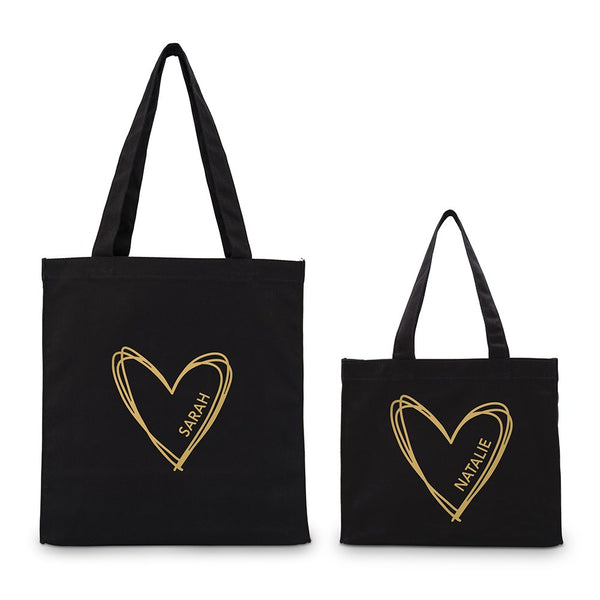 Custom Printed Black Cotton Canvas Fabric Tote Bag - Heart