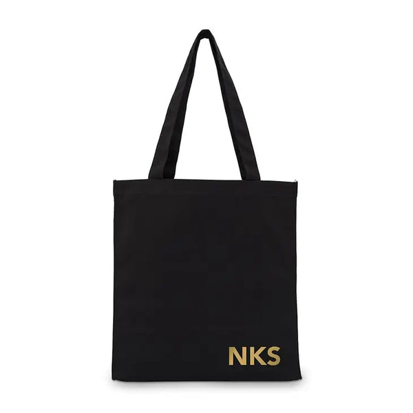 Custom Printed Black Cotton Canvas Fabric Tote Bag - Modern Monogram