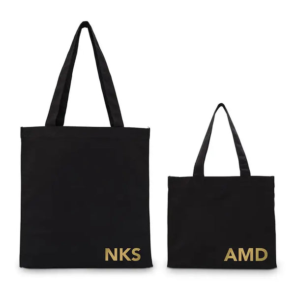 Custom Printed Black Cotton Canvas Fabric Tote Bag - Modern Monogram