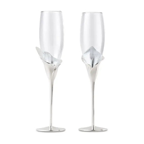 Silver Calla Lily Stemmed Wedding Champagne Flutes - Set of 2