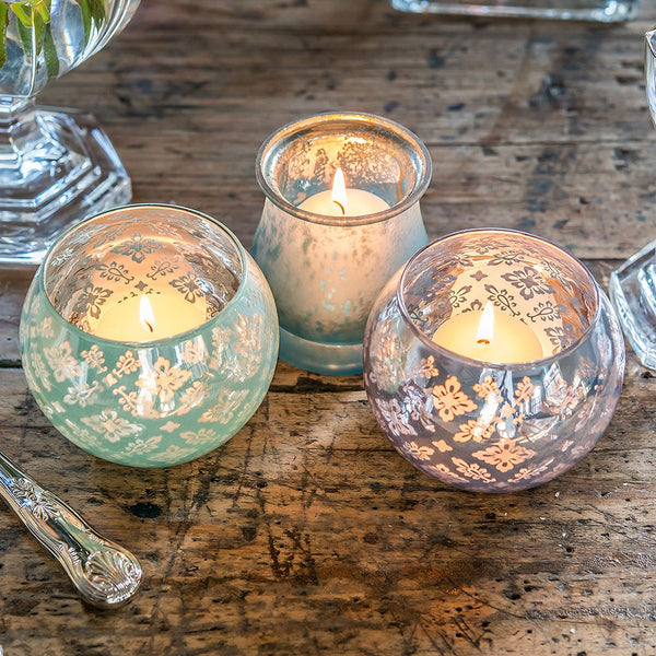 Large Glass Globe Votive Holder With Reflective Lace Pattern - Daiquiri Green - Set of 4