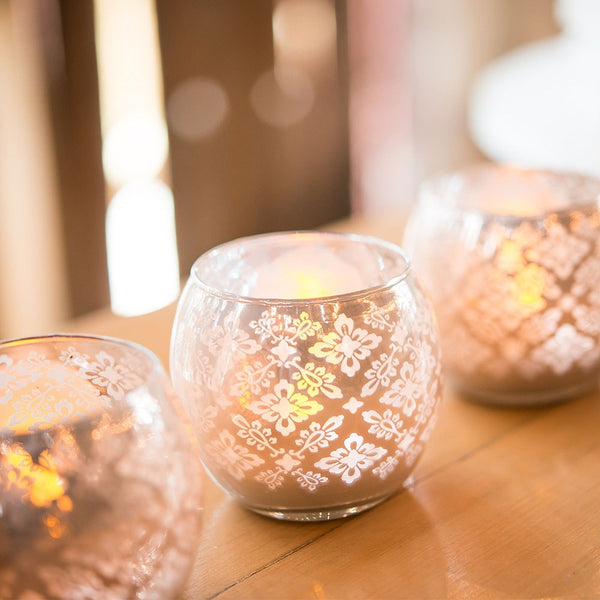 Small Glass Globe Votive Holder With Reflective Lace Pattern - Peach - Set of 6