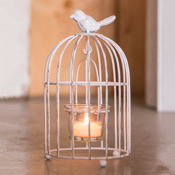 Small Metal Birdcage With Suspended Tealight Holder - White