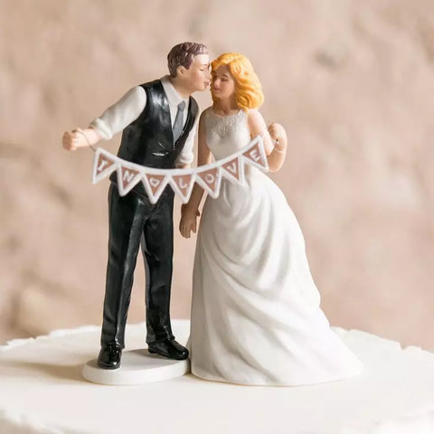 Shabby Chic Bride And Groom Porcelain Figurine Wedding Cake Topper With Pennant Sign