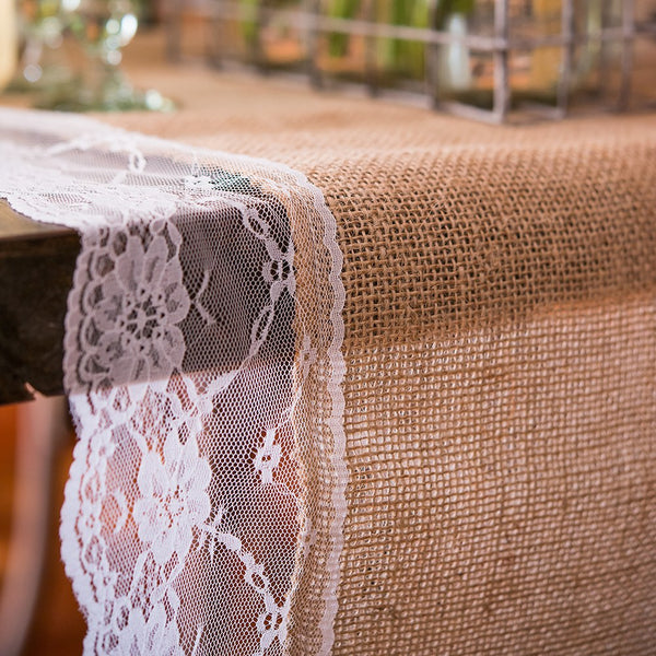 Natural Burlap Table Runner With Lace Edging