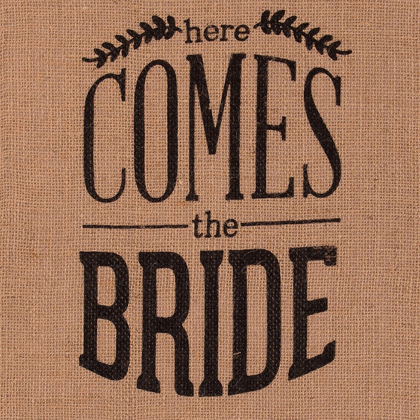 Natural Burlap Ceremony Sign - Black Print Here Comes The Bride