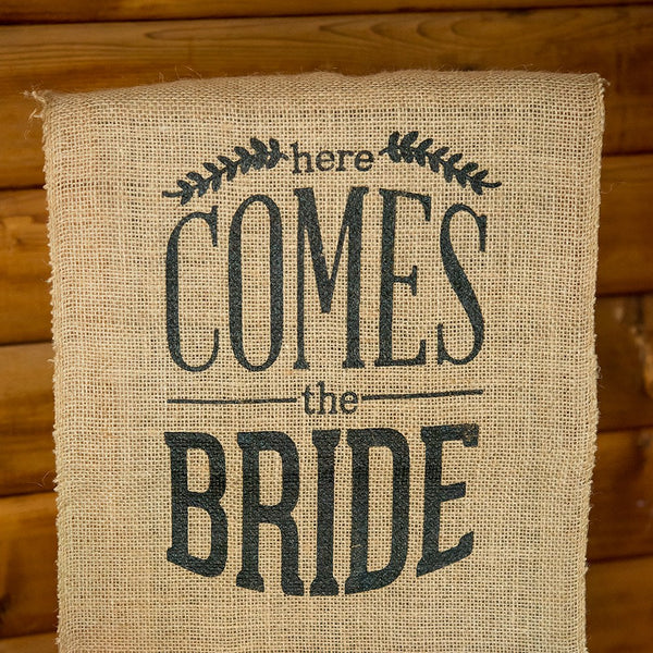 Natural Burlap Ceremony Sign - Black Print Here Comes The Bride