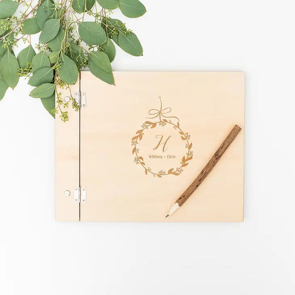 Personalized Wooden Wedding Guest Book - Botanical Wreath