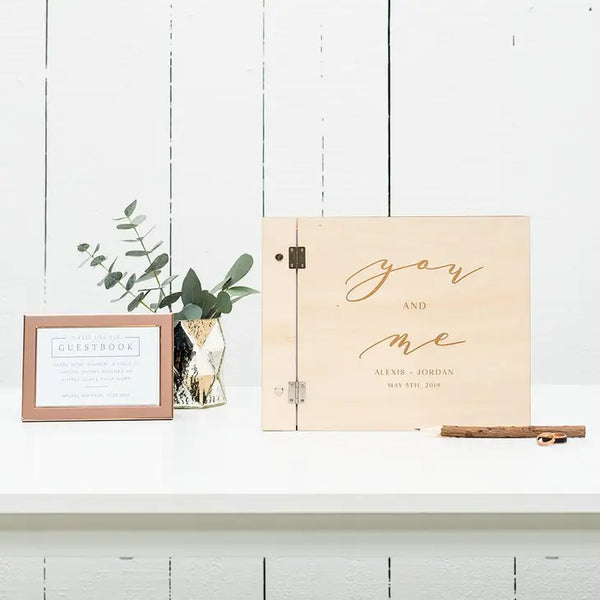 Personalized Wooden Wedding Guest Book - You And Me Greenery