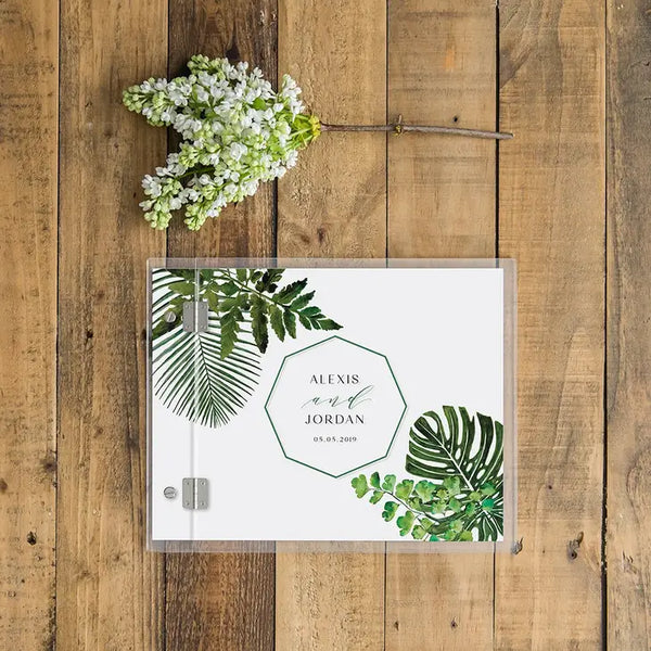 Personalized Clear Acrylic Wedding Guest Book - Modern Couple Greenery