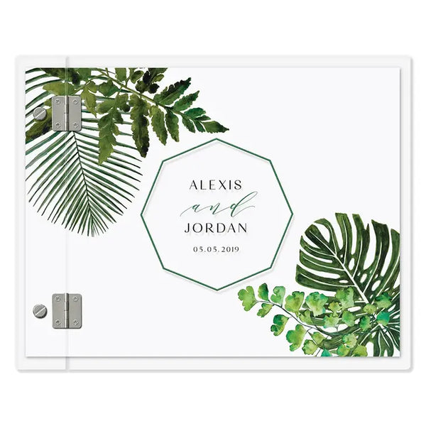 Personalized Clear Acrylic Wedding Guest Book - Modern Couple Greenery