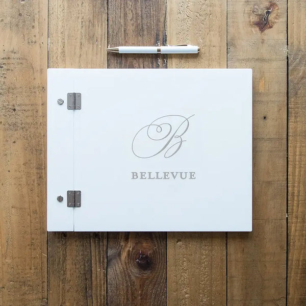 Personalized White Acrylic Wedding Guest Book - Monogram Simplicity