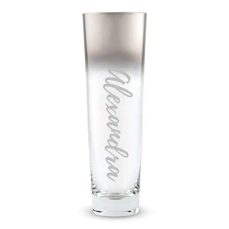 Modern Stemless Flute With Silver Ombre Fade - Calligraphy Text Etching