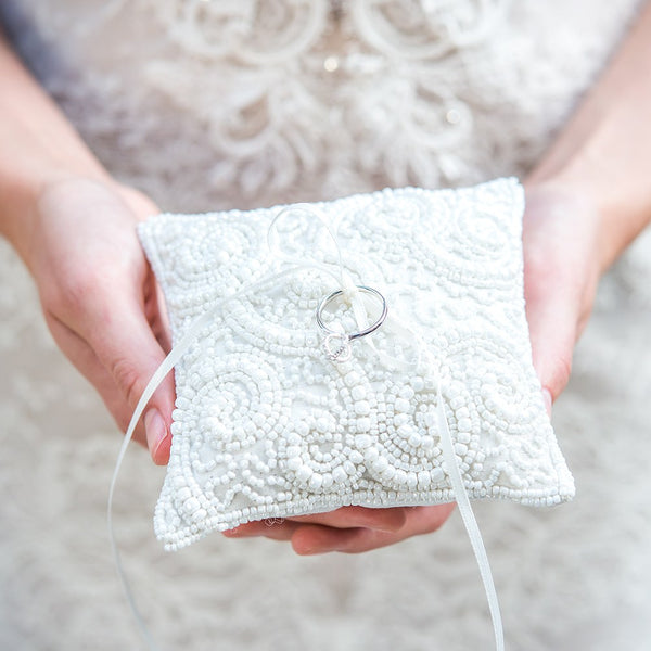 White Beaded Miniature Wedding Ring Pillow