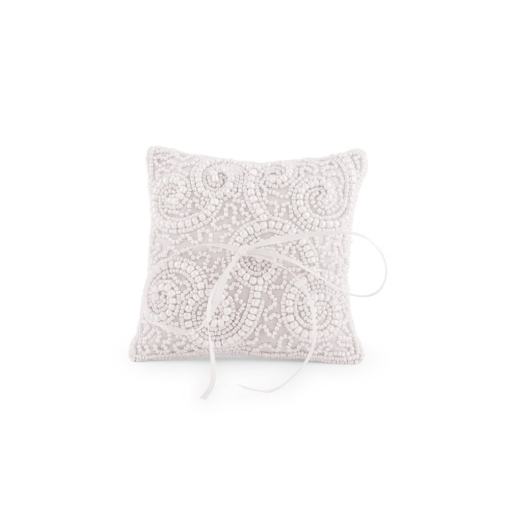 White Beaded Miniature Wedding Ring Pillow