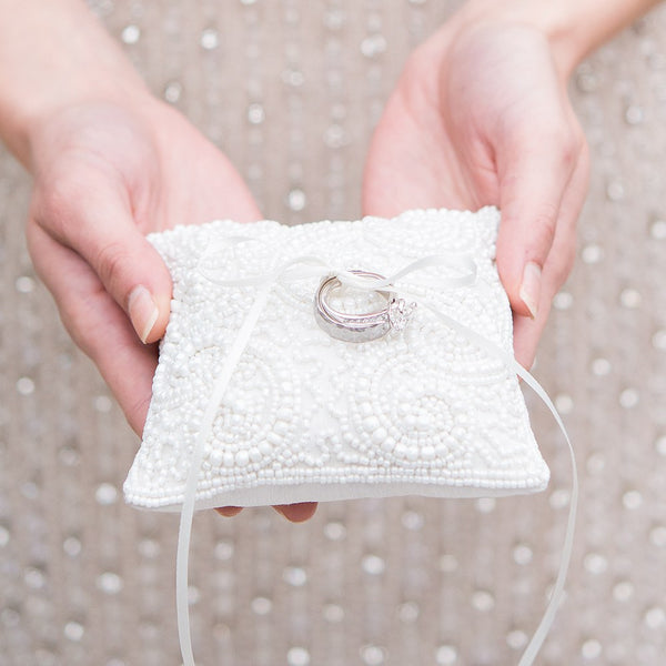 White Beaded Miniature Wedding Ring Pillow