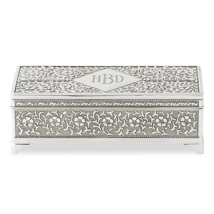 Small Personalized Rectangle Silver Jewelry Box - Pretty Floral And Vine