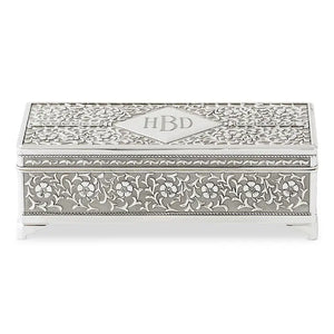 Small Personalized Rectangle Silver Jewelry Box - Pretty Floral And Vine