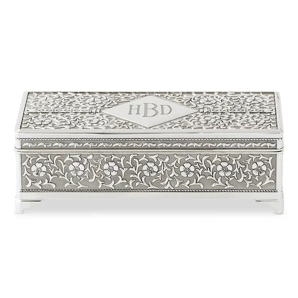 Small Personalized Rectangle Silver Jewelry Box - Pretty Floral And Vine