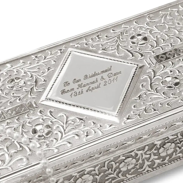 Small Personalized Rectangle Silver Jewelry Box - Pretty Floral And Vine