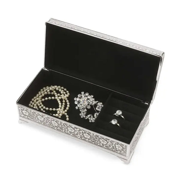 Small Personalized Rectangle Silver Jewelry Box - Pretty Floral And Vine