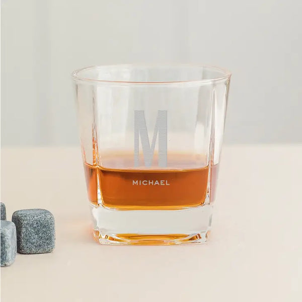 Personalized Square 8 Oz. Whiskey Glass - Sans Serif Monogram