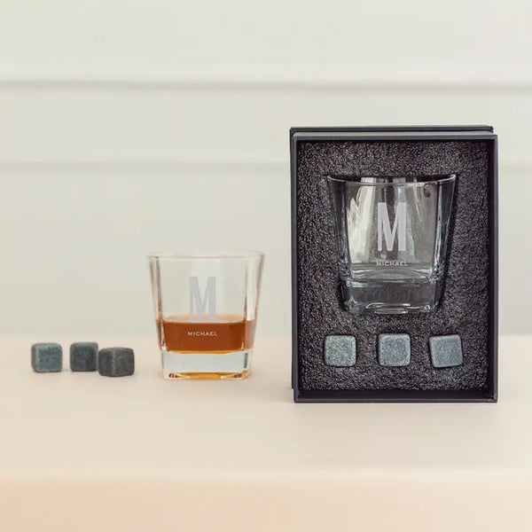 Square 8 Oz. Whiskey Glass Gift Box Set - Sans Serif Monogram