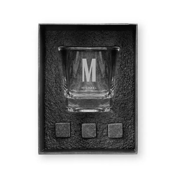 Square 8 Oz. Whiskey Glass Gift Box Set - Sans Serif Monogram