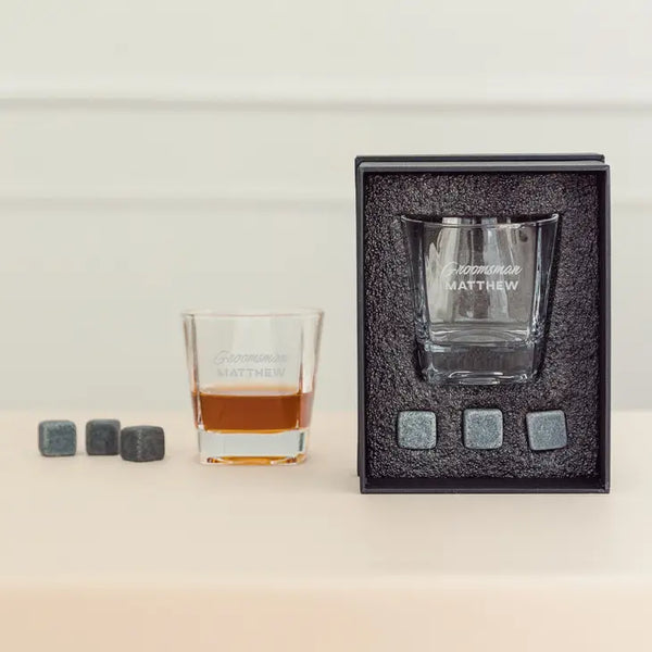 Square 8 Oz. Whiskey Glass Gift Box Set - Groomsman Cursive