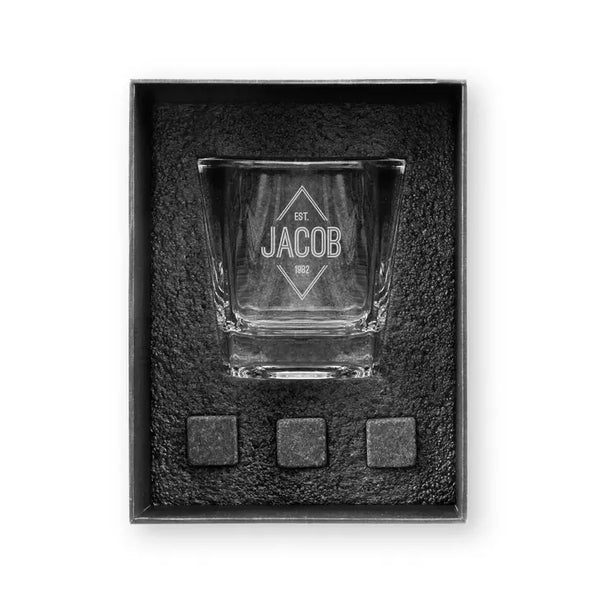 Square 8 Oz. Whiskey Glass Gift Box Set - Diamond Emblem