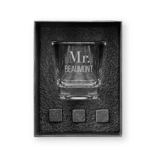 Square 8 Oz. Whiskey Glass Gift Box Set - Classic Text