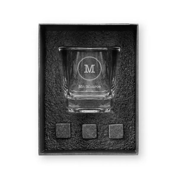 Square 8 Oz. Whiskey Glass Gift Box Set - Circle Monogram